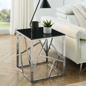 20 Inch Modern Glass End Table with Geometric Metal Frame, Accent Table Nightstand Furniture Corner Table for Living Room,Home Office,Bedroom - C