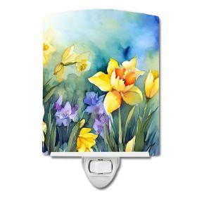 NEW Daffodils in Watercolor Ceramic Night Light Compact, UL-Certified, Ideal for Bedroom, Bathroom, Nursery, Hallway, Kitchen, 6x4x3, Multicolor