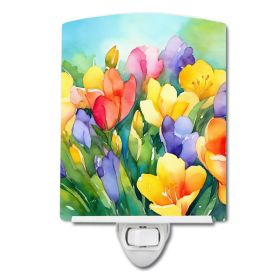 NEW Freesias in Watercolor Ceramic Night Light Compact, UL-Certified, Ideal for Bedroom, Bathroom, Nursery, Hallway, Kitchen, 6x4x3, Multicolor