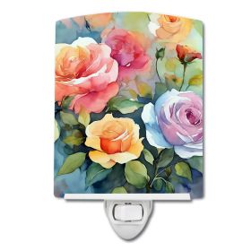 NEW Roses in Watercolor Ceramic Night Light Compact, UL-Certified, Ideal for Bedroom, Bathroom, Nursery, Hallway, Kitchen, 6x4x3, Multicolor