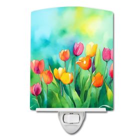 NEW Tulips in Watercolor Ceramic Night Light Compact, UL-Certified, Ideal for Bedroom, Bathroom, Nursery, Hallway, Kitchen, 6x4x3, Multicolor (Default: Default)