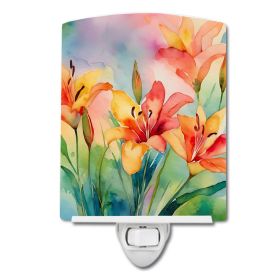 NEW Lilies in Watercolor Ceramic Night Light Compact, UL-Certified, Ideal for Bedroom, Bathroom, Nursery, Hallway, Kitchen, 6x4x3, Multicolor (Default: Default)